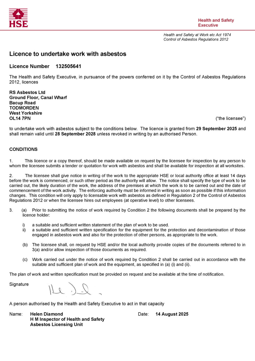 HSE Asbestos License - 132505641 - 2025 - 2028 HSE Asbestos License - 132505641 - 2025 - 2028